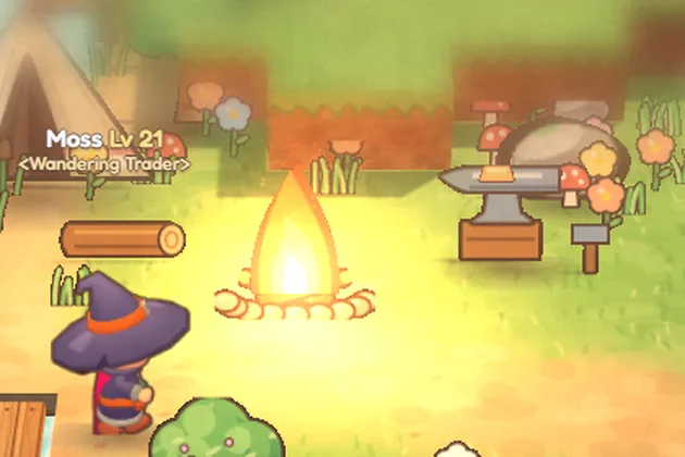 A campfire and an anvil at the edge of camp, with a trader in a purple hat nearby.