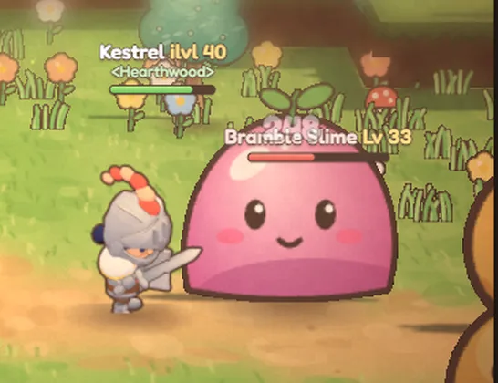 A knight with a sword squares up to a big pink slime.