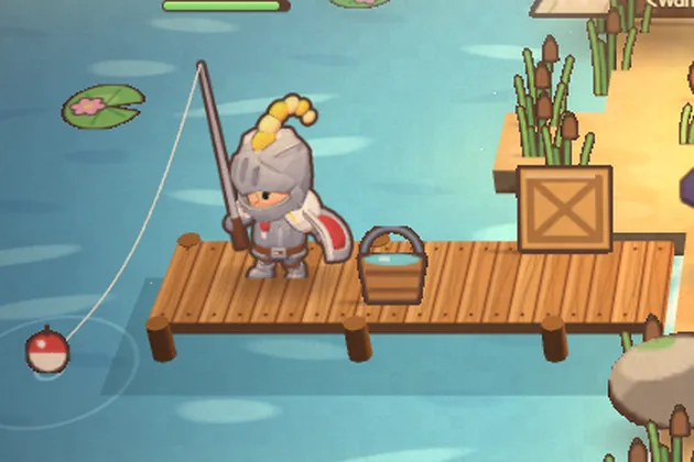 A knight fishing off the end of a wooden dock, a bucket beside them.