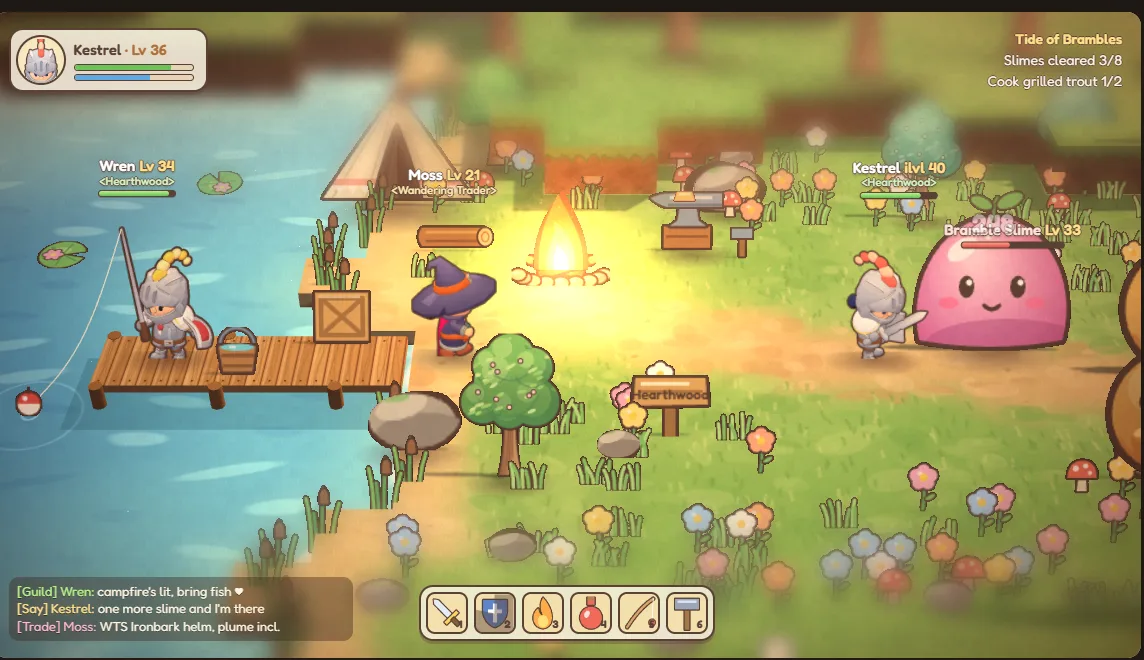 A knight fishes from a wooden dock while other players gather around a campfire and an anvil, next to a large pink slime.